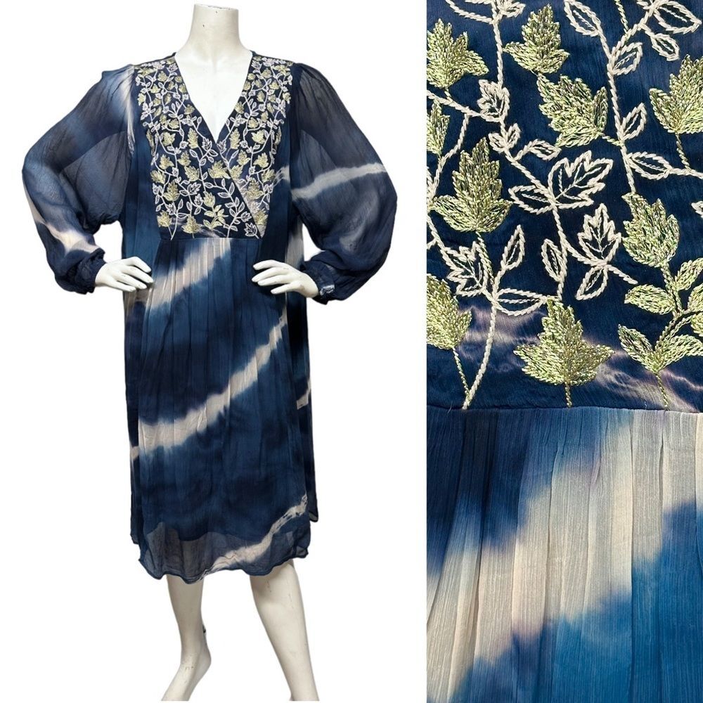 SOFT SURROUNDINGS Blue Indigo Tie Dye Gold Embroidered Himalaya Dress 1X NWT NEW